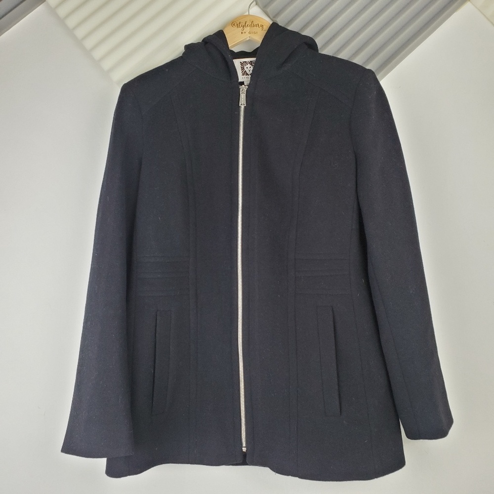 Anne Klein | Black wool zip up coat with hood
